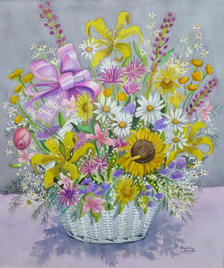 Wicker Basket of Flowers with Pink Ribbon Painting by Madeline Lovallo