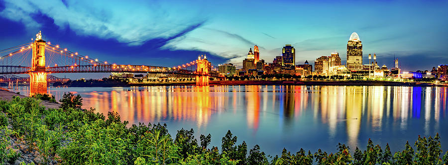 Cincinnati Reds Photograph - Wide Panoramic View Of The Cincinnati Skyline and Roebling Bridge by Gregory Ballos