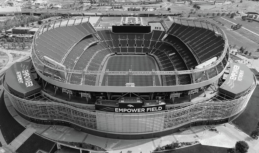 Wide view of Empower Field at Mile High Stadium in Denver Colorado in black and white Photograph by Eldon McGraw