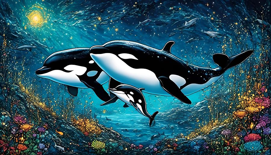 Widescreen Orca Whale Family 1 Mixed Media by Lesa Fine