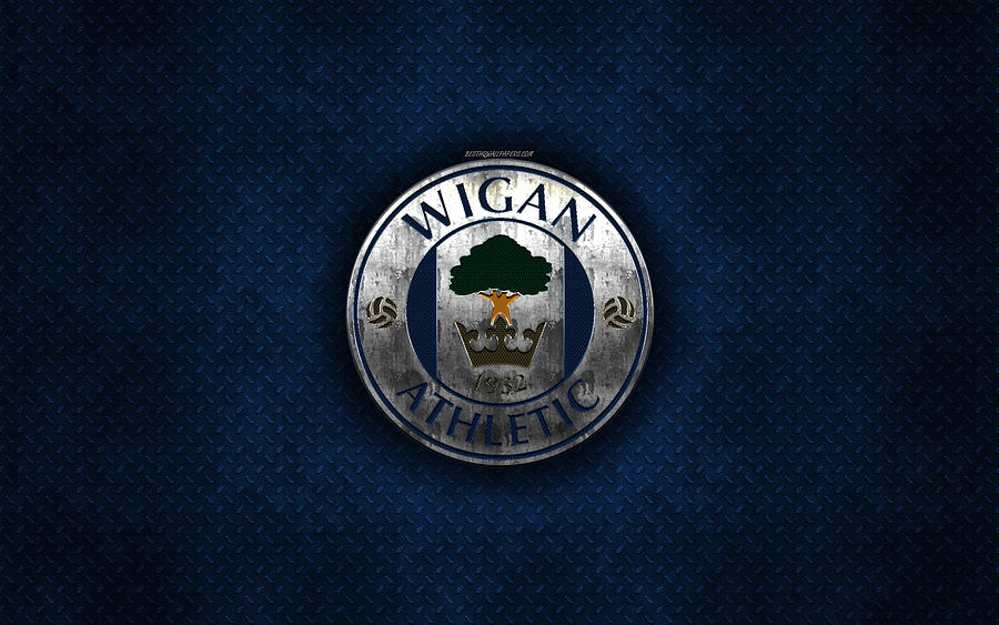 Wigan Athletic FC English football club blue metal texture metal logo