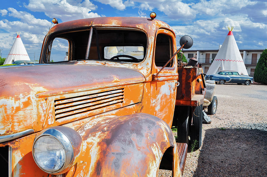Wigwam Motel Route 66 Orange Ford Truck Landscape Photograph by Kyle Hanson