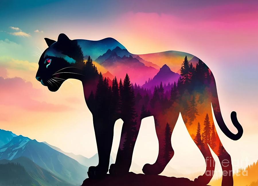 Wild and Colorful - Artistic Mountain Panther Silhouette Mixed Media by Artvizual Premium