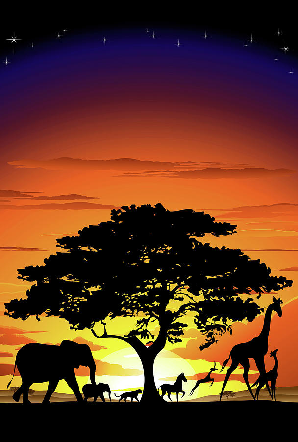 Wild Animals on African Savanna Sunset Digital Art by BluedarkArt Lem -  Pixels