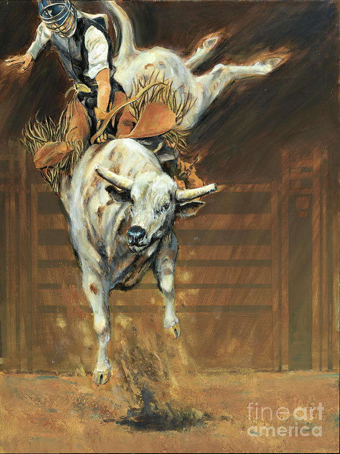 Bull Painting - Wild Bull Ride at Rodeo by Don Langeneckert