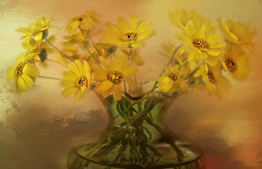 Wild Coreopsis In Green Glass Vase Photograph