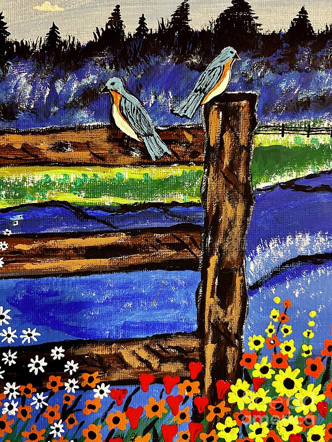 Wild Flowers And  Blue Birds Painting by Jeffrey Koss