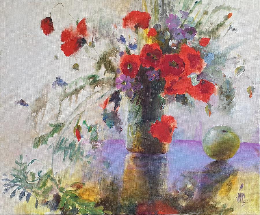 Wild flowers with red poppies and a green apple painted by Vali Irina Ciobanu  Painting by Vali Irina Ciobanu