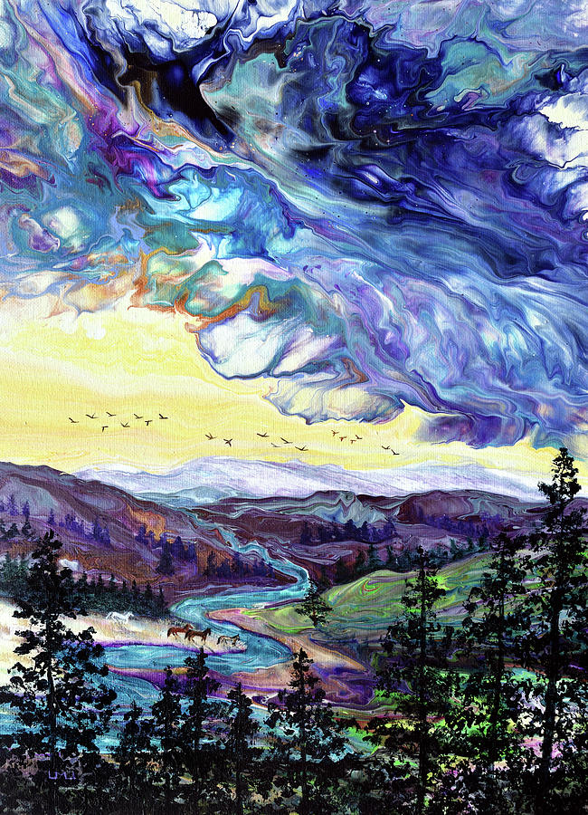 Wild Horses by an Oregon River Painting by Laura Iverson