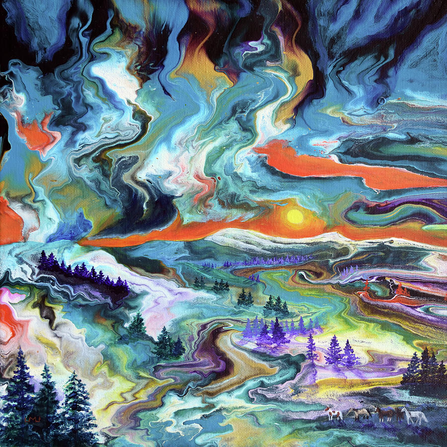 Wild Horses in Mountain Sunset Painting by Laura Iverson