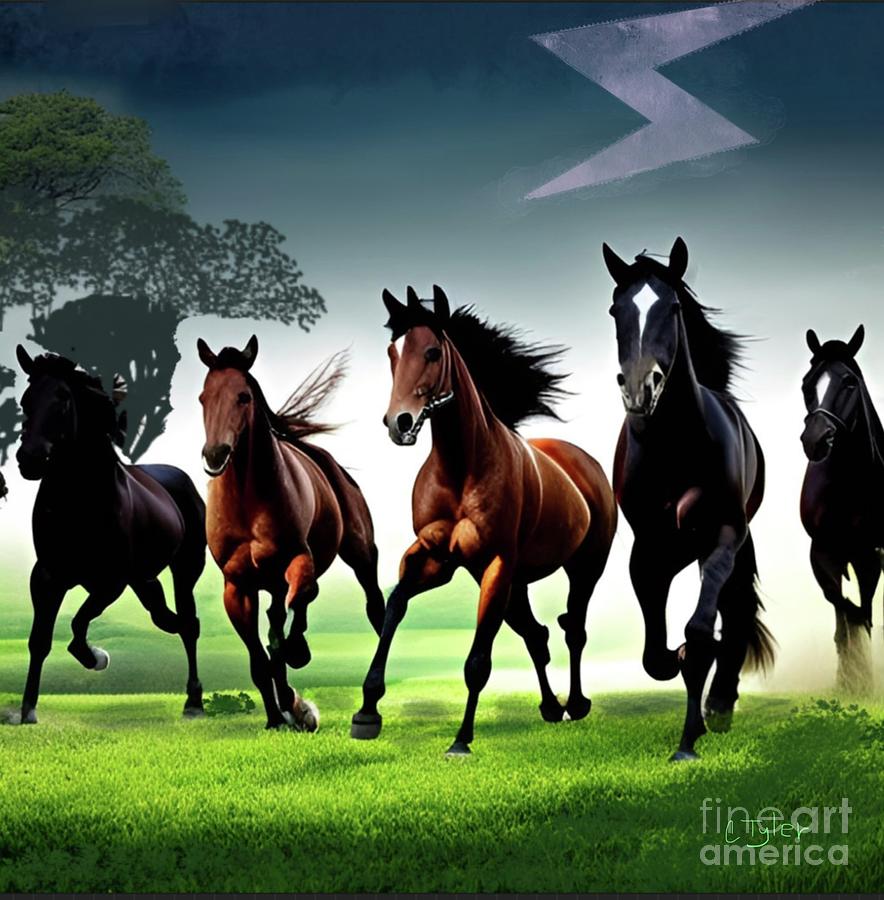 Wild Horses Running From the Storm Digital Art by Christine Tyler