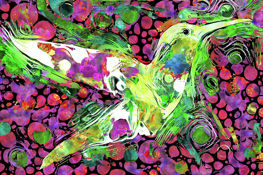 Wild Hummingbird Mosaic Bird Art Painting by Sharon Cummings