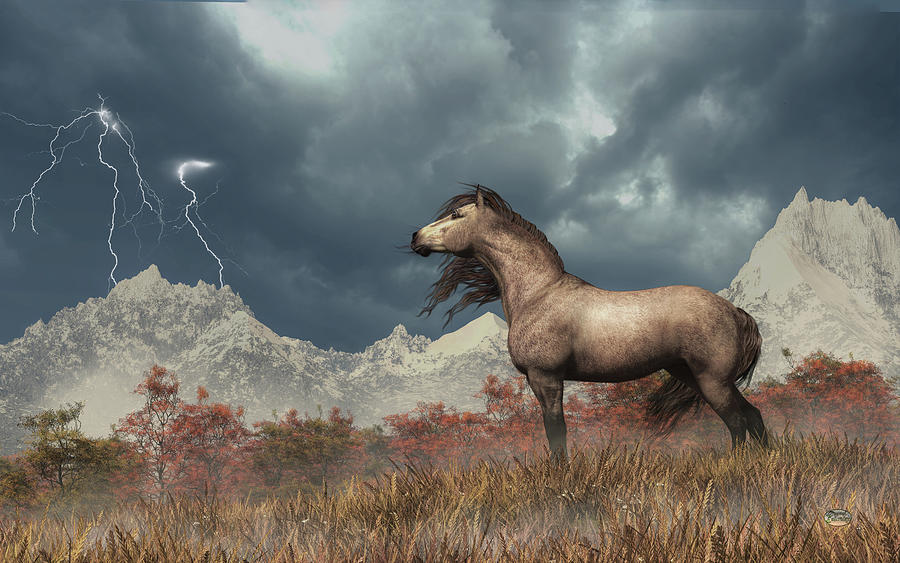 Wild Rose Gray Horse and Passing Storm Digital Art by Daniel Eskridge