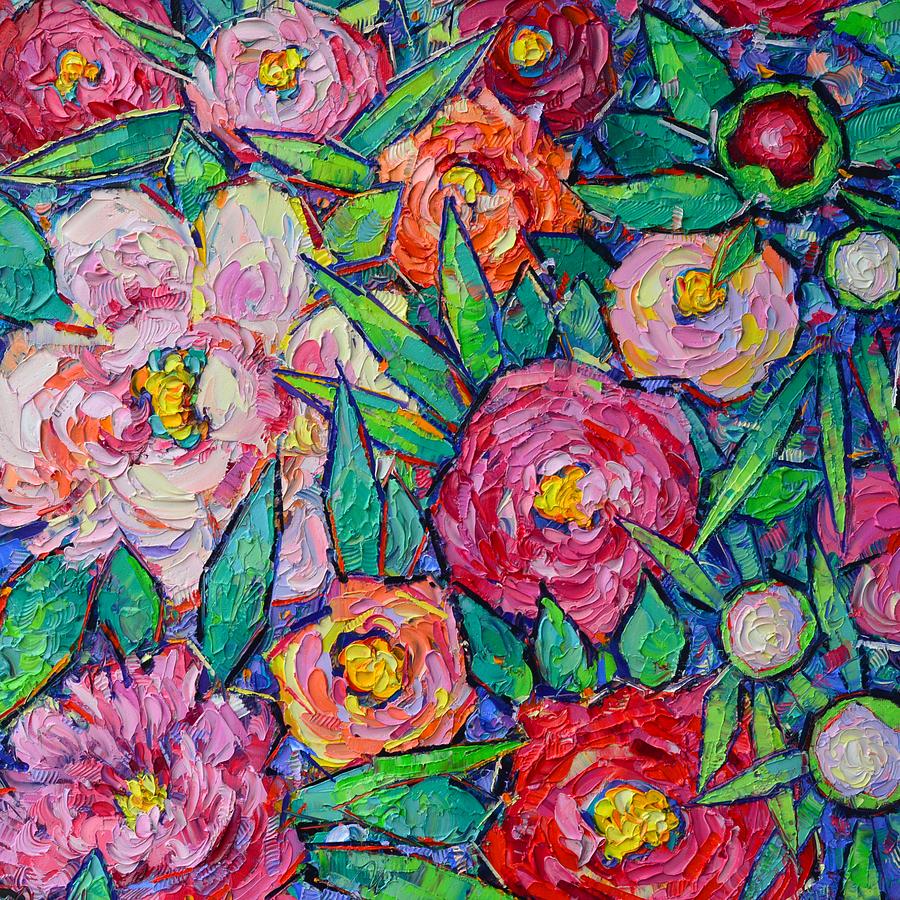 WILD ROSES AND PEONIES abstract flowers commissioned palette knife oil painting Ana Maria Edulescu Painting by Ana Maria Edulescu