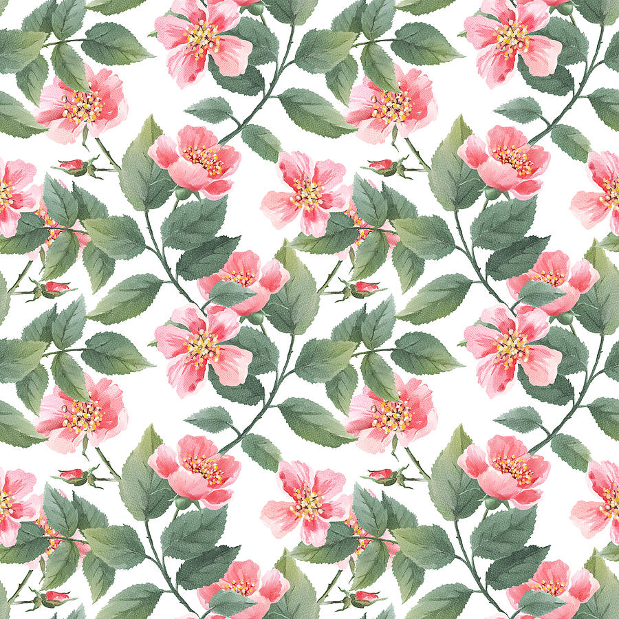 Wild Roses Watercolor Seamless Pattern. Flowers, Leaves. Floral Background. Fabric Design, Wallpaper Drawing