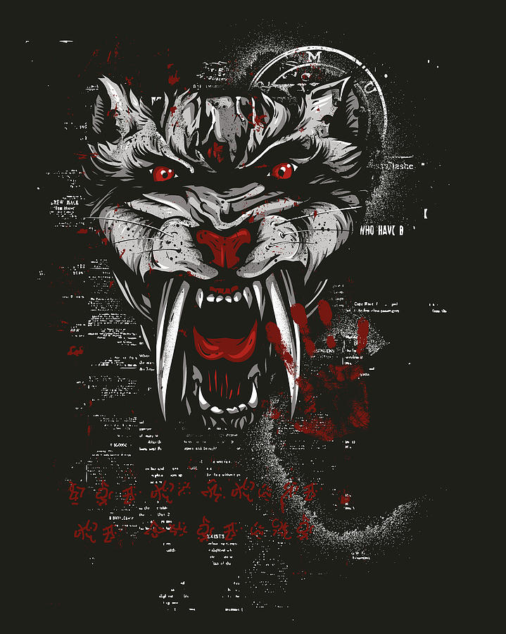 Cool Digital Art - Wild Saber-tooth tiger black and red by Matthias Hauser