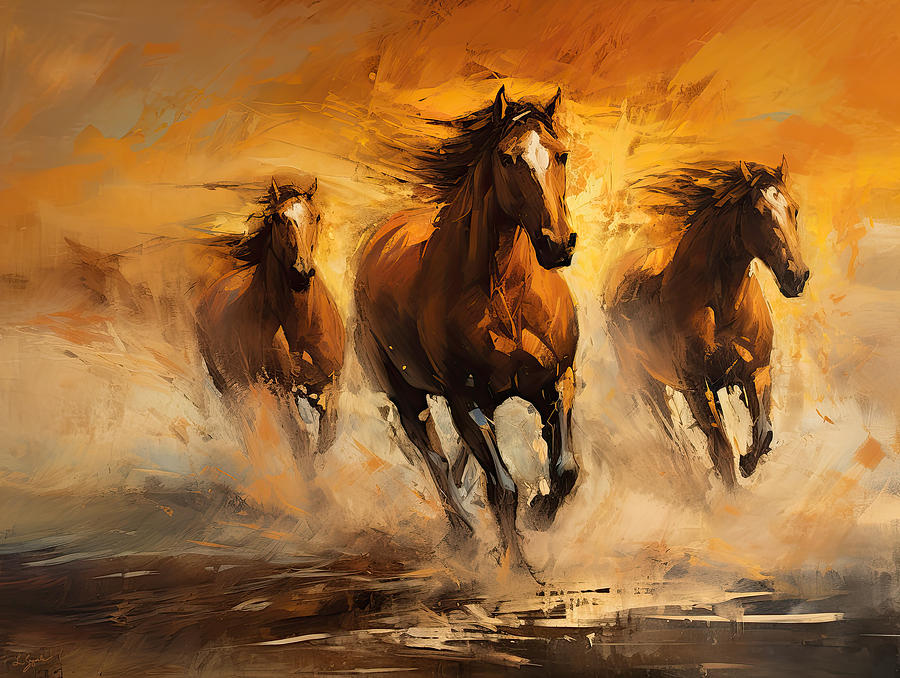 Wild Sunset - Horses at Sunset Painting by Lourry Legarde