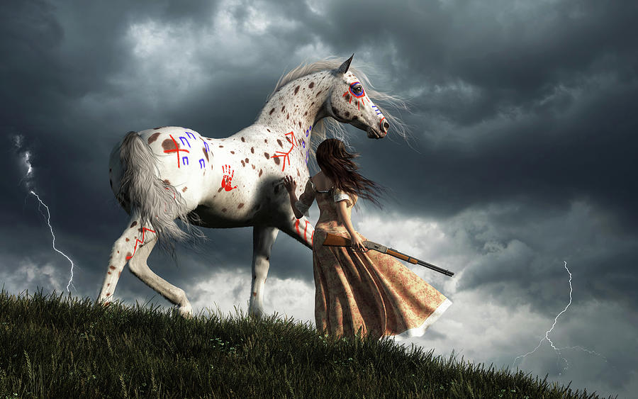 Wild West Woman and War Horse Watching a Storm Digital Art by Daniel Eskridge