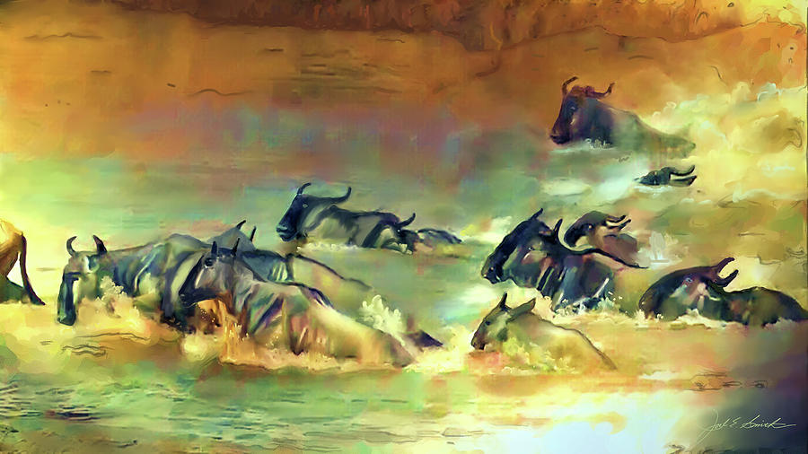 Wildebeest Crossing Painting by Joel Smith