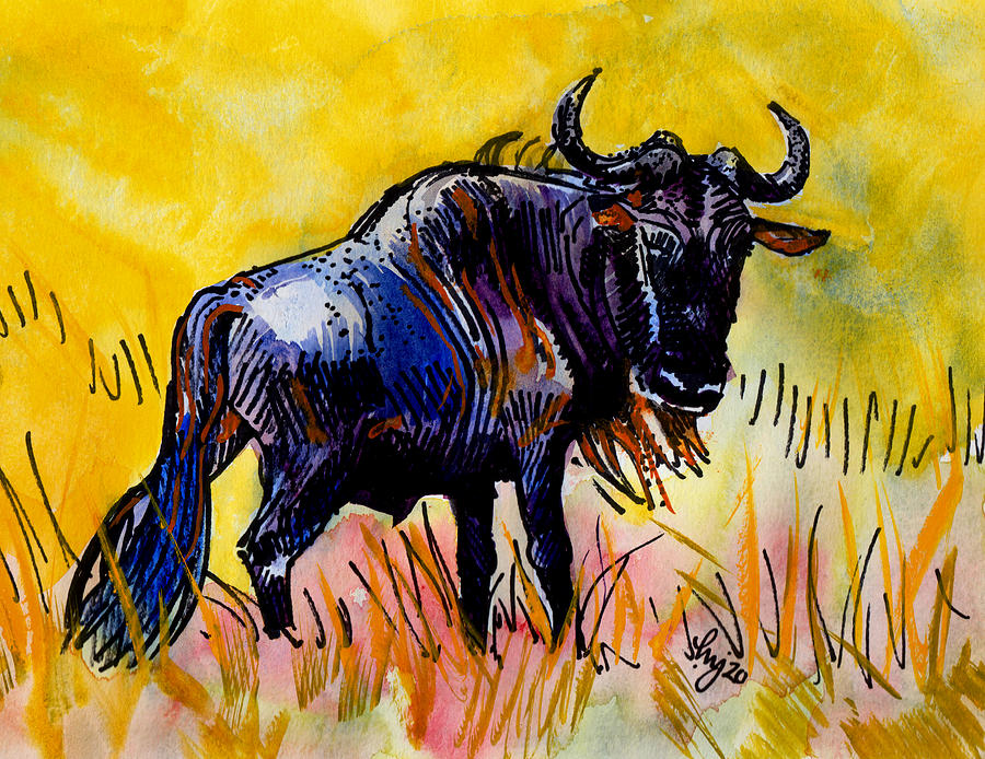 Wildebeest painting Painting by Mike Jory