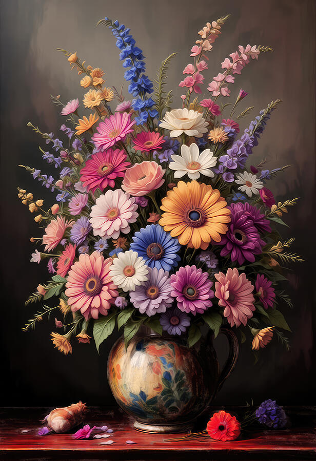 Vibrant Floral Arrangement in Vase Digital Art - Wildflower Wall Art Oil Painting by Vintage Wall Art