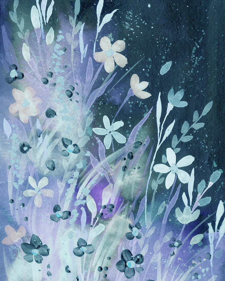Wildflowers And A Deep Blue Night Watercolor Art II Painting by Irina Sztukowski