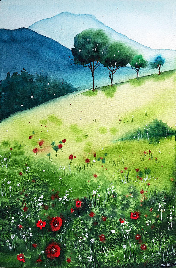 Wildflowers and Mountains Painting by Tanya Gordeeva