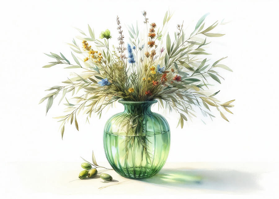 Wildflowers and Olive Branches in Translucent Green Vase Mixed Media by Alison Frank Wildflowers and Olive Branches in Translucent Green Vase Mixed Media by Alison Frank