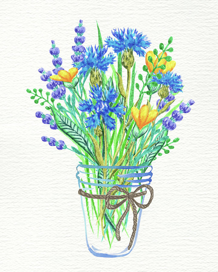 Wildflowers Bouquet In A Glass Vase Watercolor Botanical Art Painting