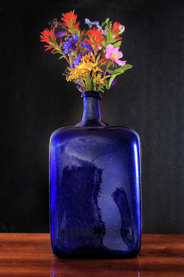 Wildflowers In A Cobalt Blue Bottle Photograph by James Eddy