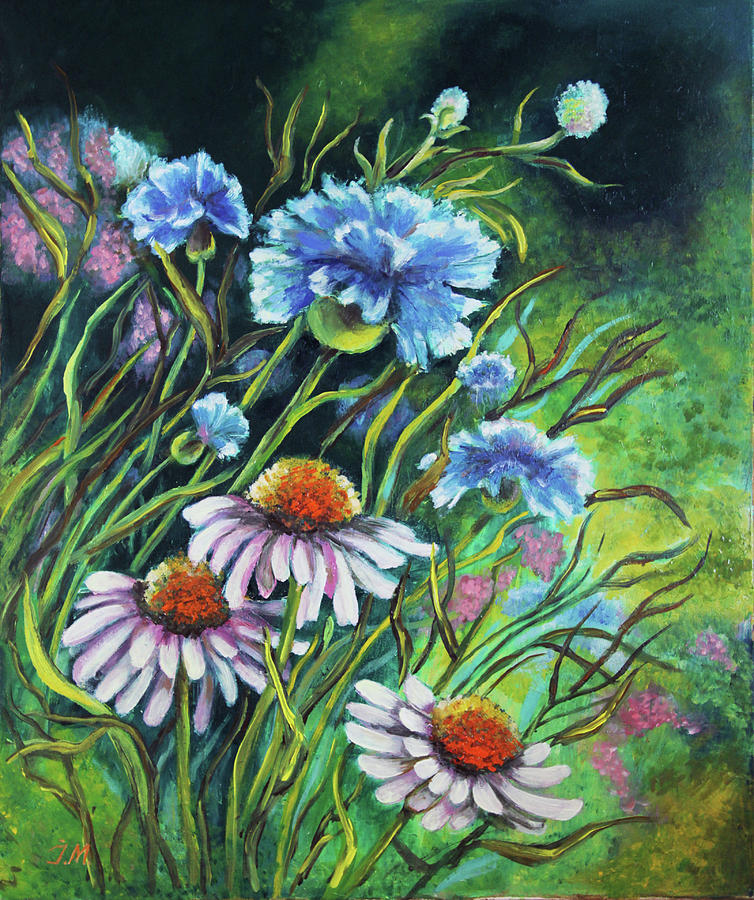 Cornflowers & Daisies Blue Cornflowers Ceramic Mug Fine Art Gift Scottish Landscape Painting White flowers Grassy Landscape