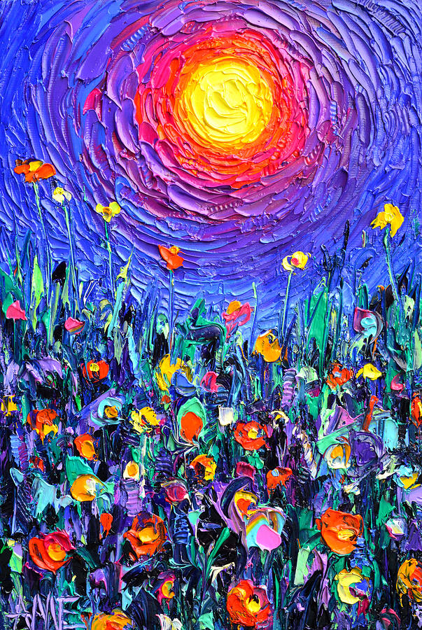 WILDFLOWERS MEADOW MOONLIGHT textural impasto palette knife oil abstract painting Ana Maria Edulescu Painting by Ana Maria Edulescu