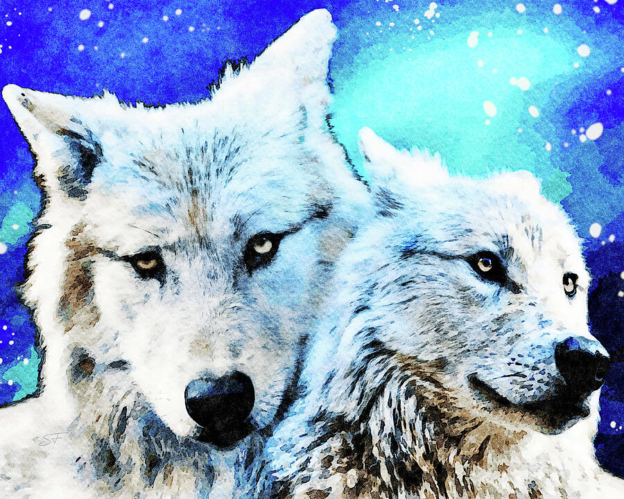 Wildlife-Arctic White Wolves Watercolor Portrait Digital Art by Shelli Fitzpatrick