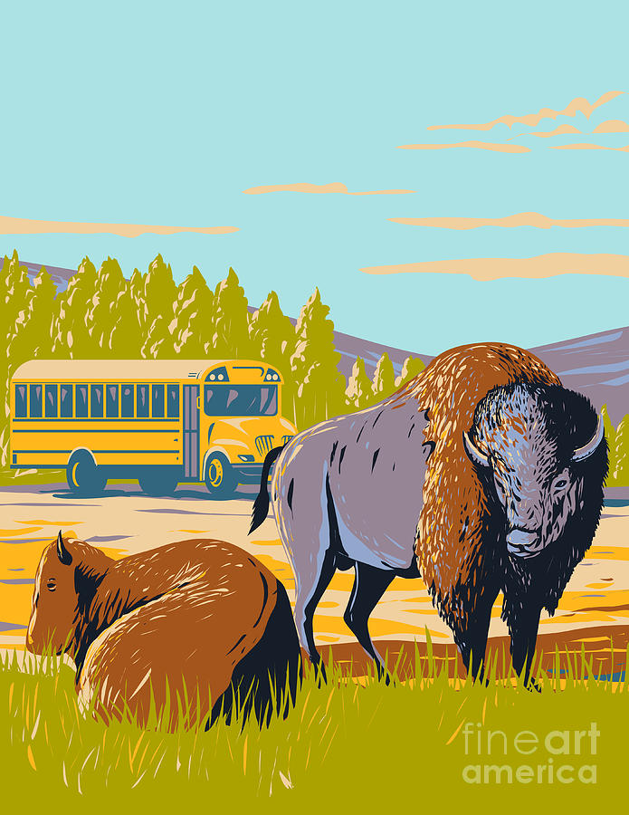 Yellowstone National Park Digital Art - Wildlife Bus Tour and Bison in the Prairie of Yellowstone National Park Wyoming WPA Poster Art by Aloysius Patrimonio