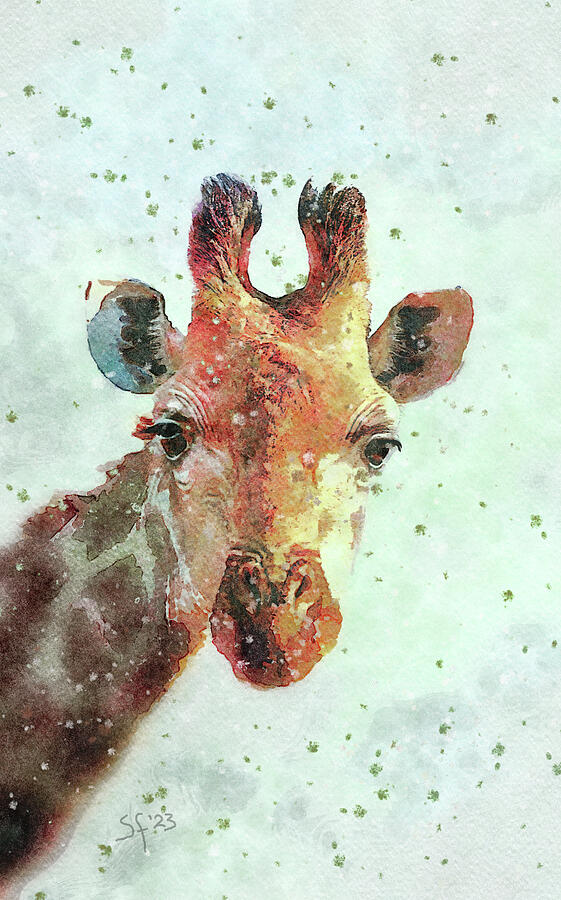 Wildlife-Giraffe-Animal Portrait Watercolor Painting  Mixed Media by Shelli Fitzpatrick
