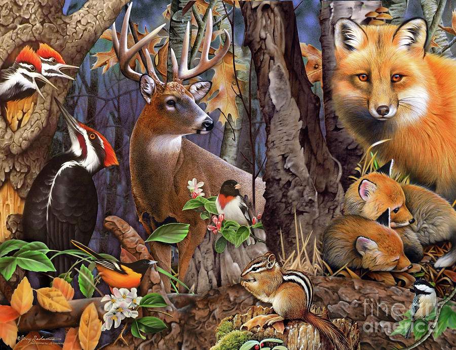 Wildlife Woodland Collage Painting by Jerry Gadamus