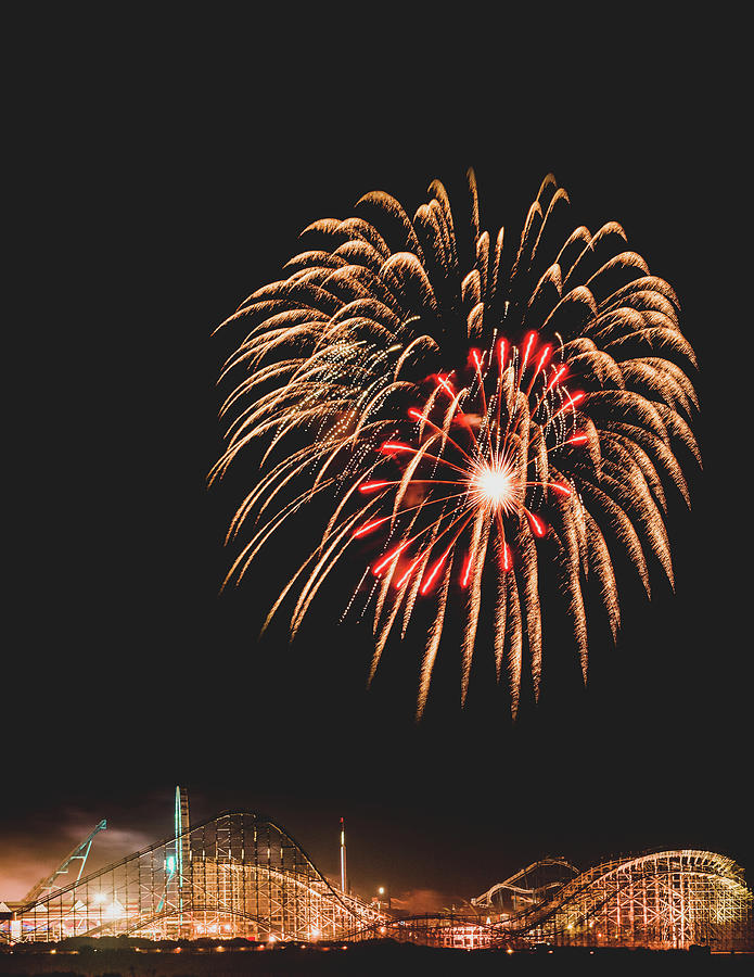 Wildwood Boardwalk Fireworks Over Roller Coaster Photograph by Jason Fink