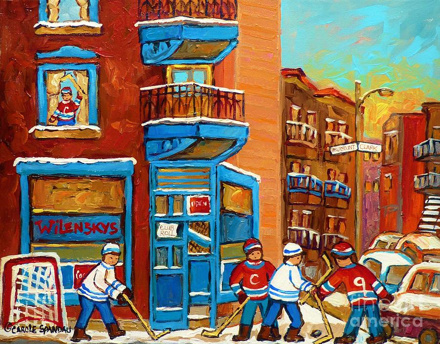Montreal Painting - Wilensky Diner With Hockey Kids Montreal Art Canadian Winter Street Scene Painting C Spandau Artist by Carole Spandau