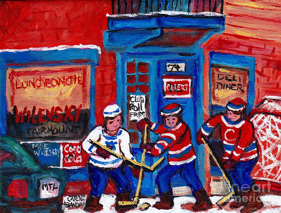 Wilensky Light Lunch Doorway Mile End Hockey Game Montreal Winter Street Scene Carole Spandau Art Painting by Carole Spandau