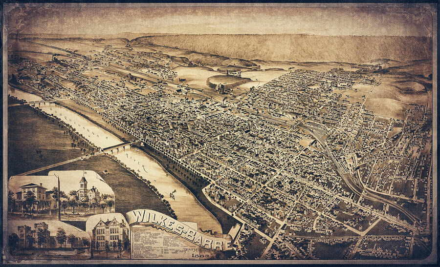 Wilkes Barre Pennsylvania Vintage Map Birds Eye View 1889 Sepia ...