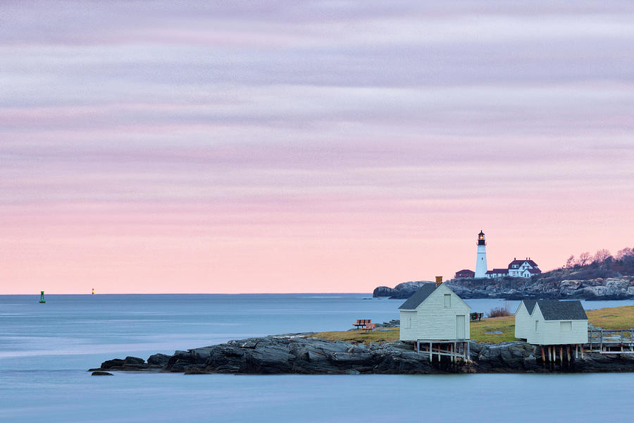 Willard Beach Sunset View of Portland Head Light and Fishermans Point Fishing Shacks Photograph by Juergen Roth Willard Beach Sunset View of Portland Head Light and Fishermans Point Fishing Shacks Photograph by Juergen Roth