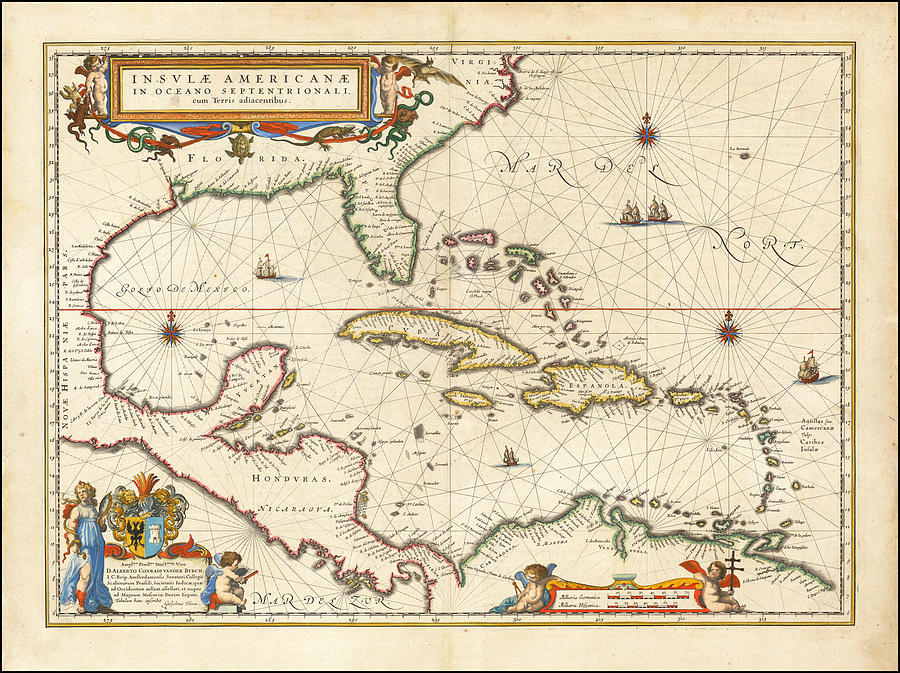 Willem Janszoon Blaeu, Insulae Americanae in Oceano Septentrionali cum Terris adiacentibus 1635 Painting by MotionAge Designs