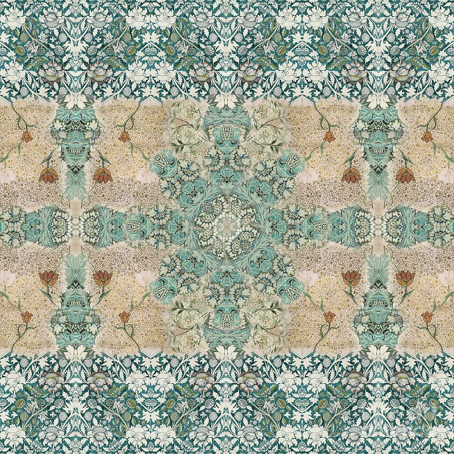 William Morris Cottagecore Collage Teal Aqua blue Tan Terracotta Floral Painting by Audrey Jeanne Roberts