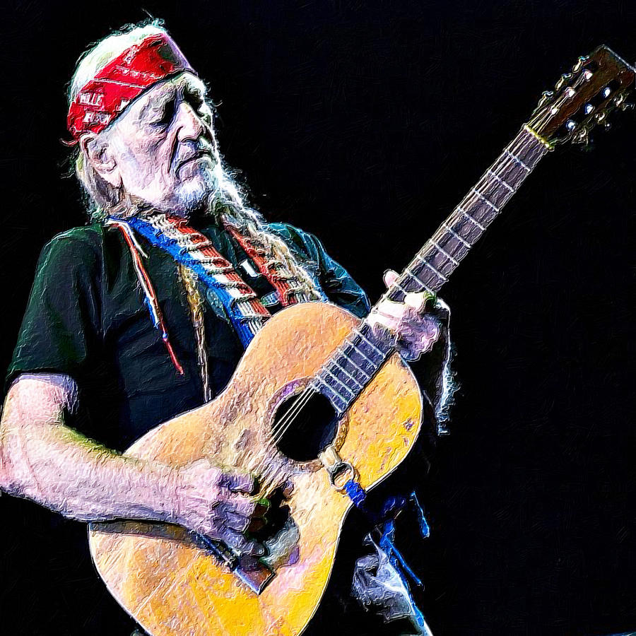 Willie Nelson And On The Road Again Guitar Painting by Tony Rubino