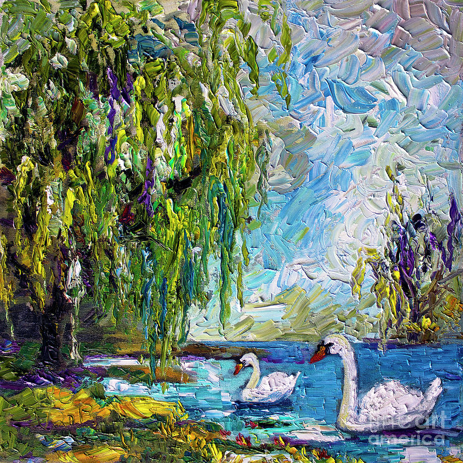 Willow Tree and Swan Lake Oil Painting Painting by Ginette Callaway