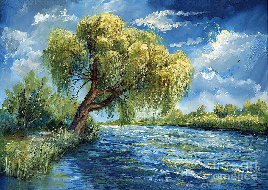 Willow Whispers by the River A willow tree standing by the tranquil ...