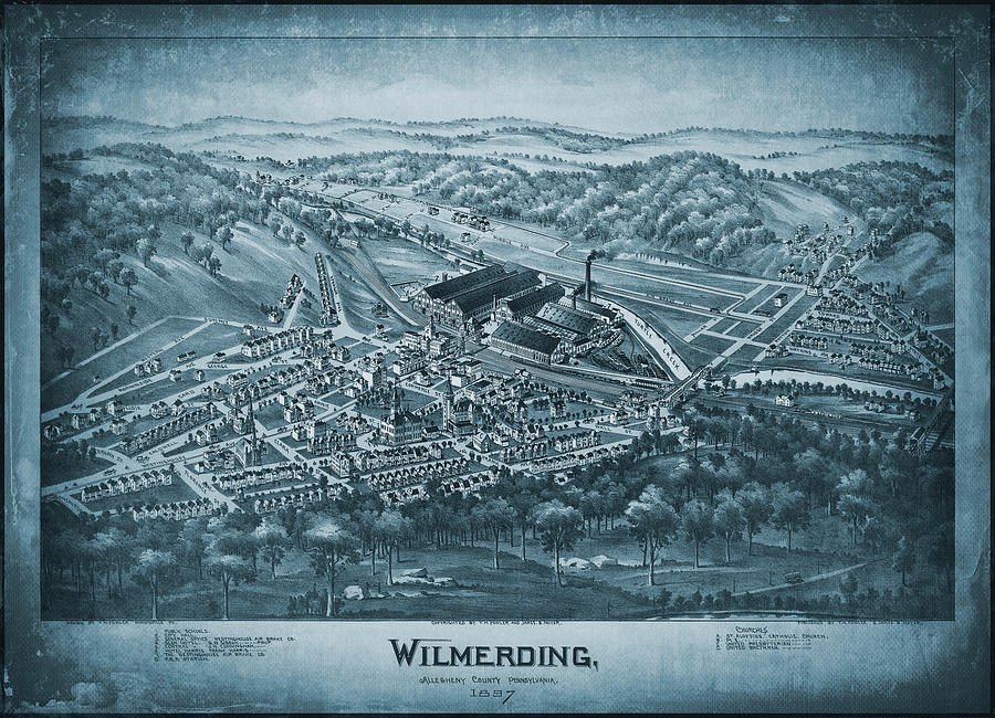 Pittsburgh Photograph - Wilmerding Pennsylvania Vintage Map Birds Eye View 1897 Blue by Carol Japp