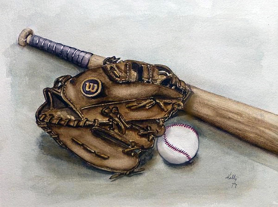 Wilson Baseball Glove and Bat Painting by Kelly Mills
