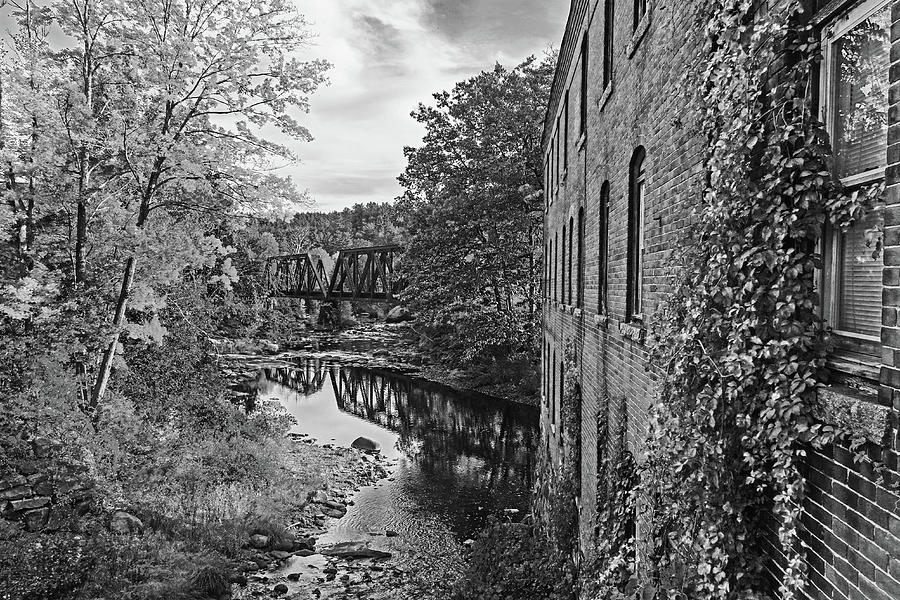 Wilton New Hampshire Railroad Bridge Beautiful Fall Foliage Building Black and White Photograph by Toby McGuire