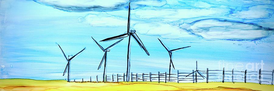 Wind Farm in Gold Field Painting wide version Painting by Patty Donoghue